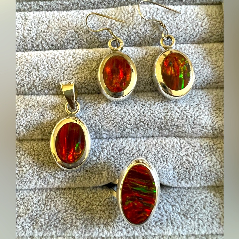 Red Lab Created Opal Set Includes Pendant, Ring, and Earrings stamped 950